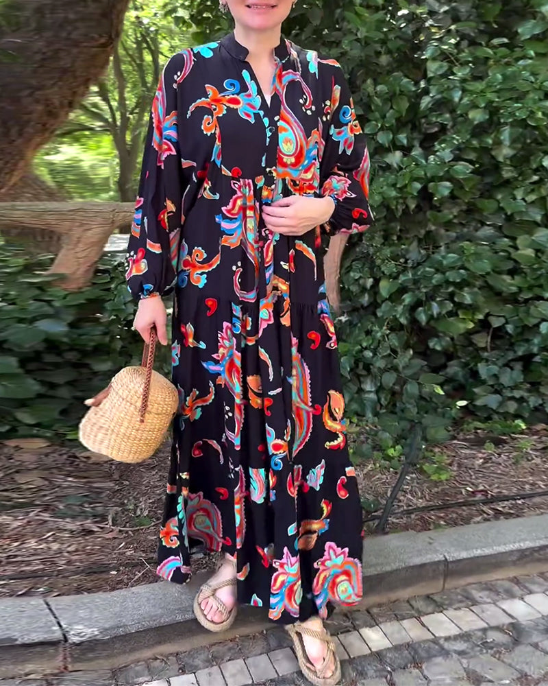 Vintage printet kjole med lange ermer og patchwork