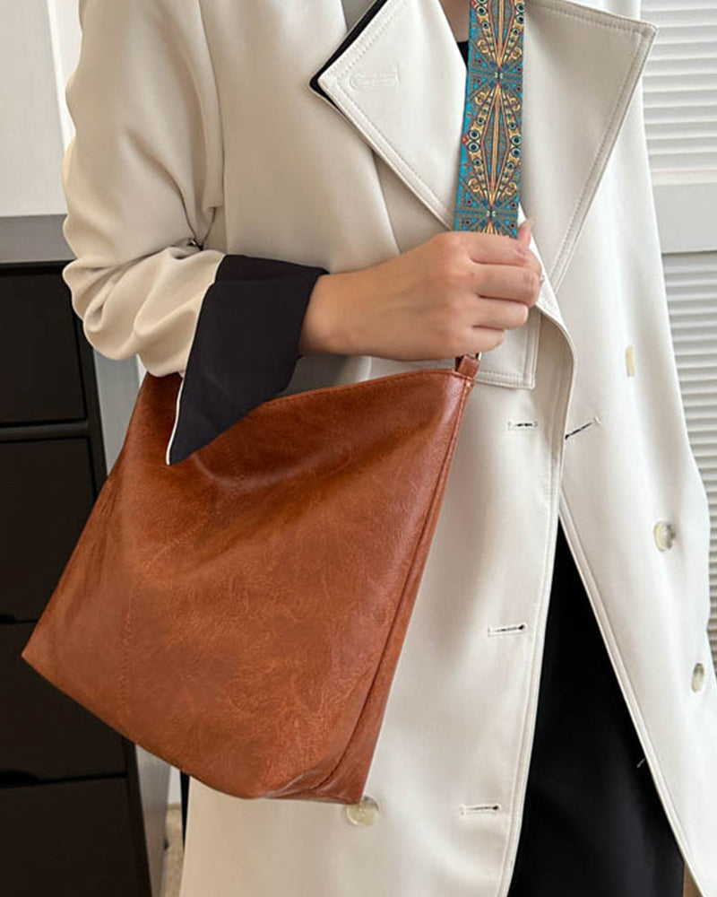 Vintage skulderreim bøtteveske med stor kapasitet