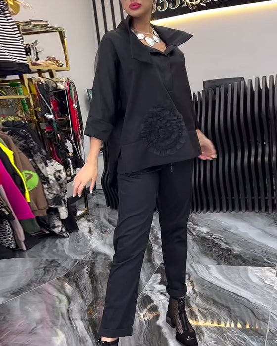 Lapel-blonde med lappeteppe blomsterbluse