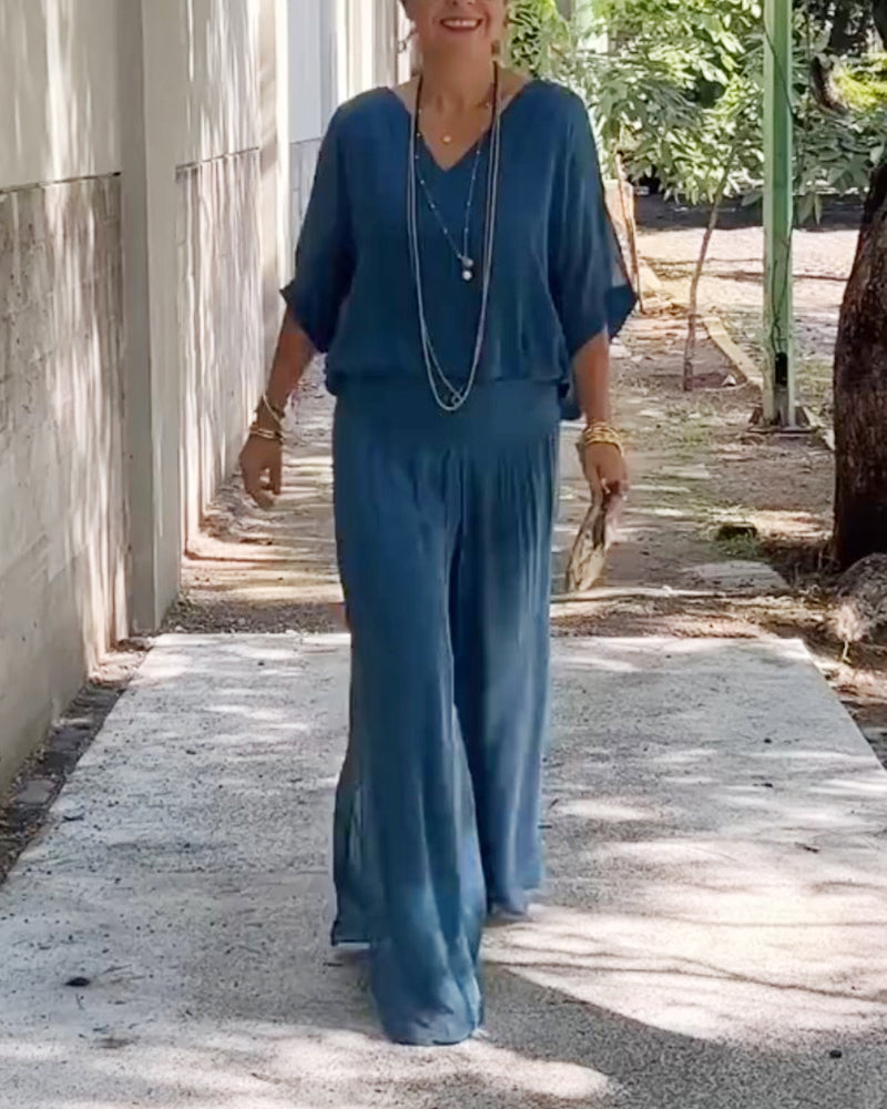 Ensfarget V-hals casual todelt dress