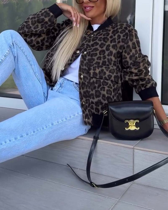 Fasjonabel leopardprint jakke med trykklomme