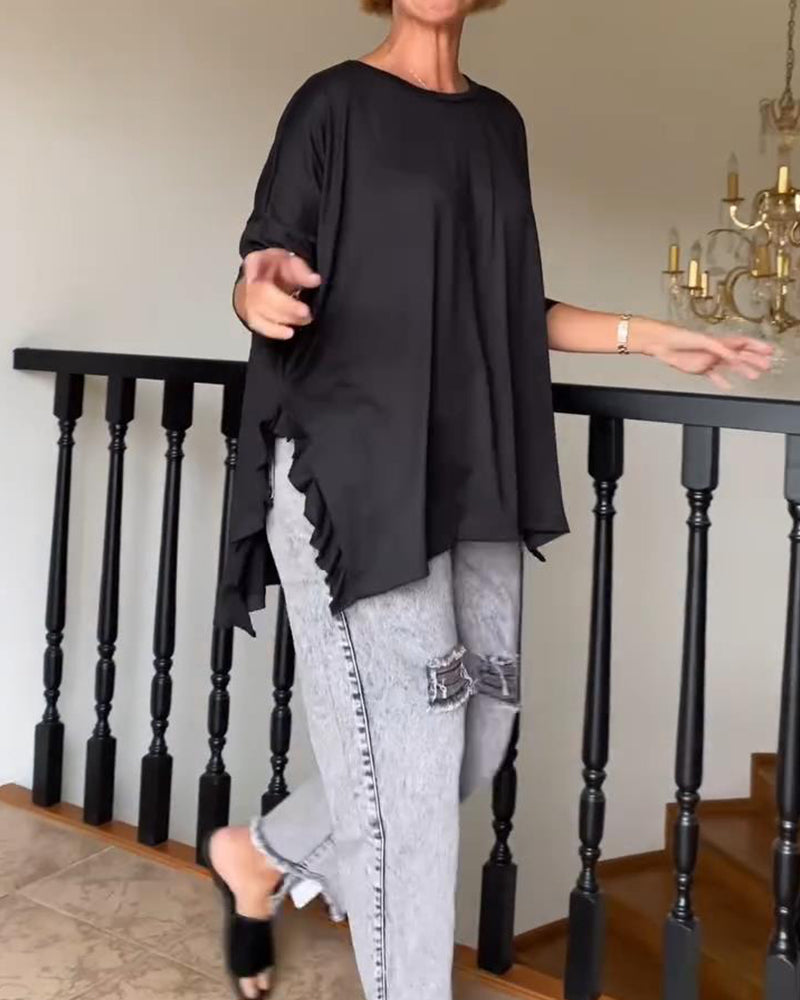 Ensfarget casual bluse med rund hals