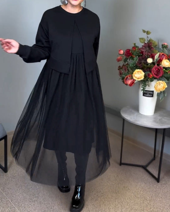 Uregelmessig mesh søm ensfarget elegant kjole