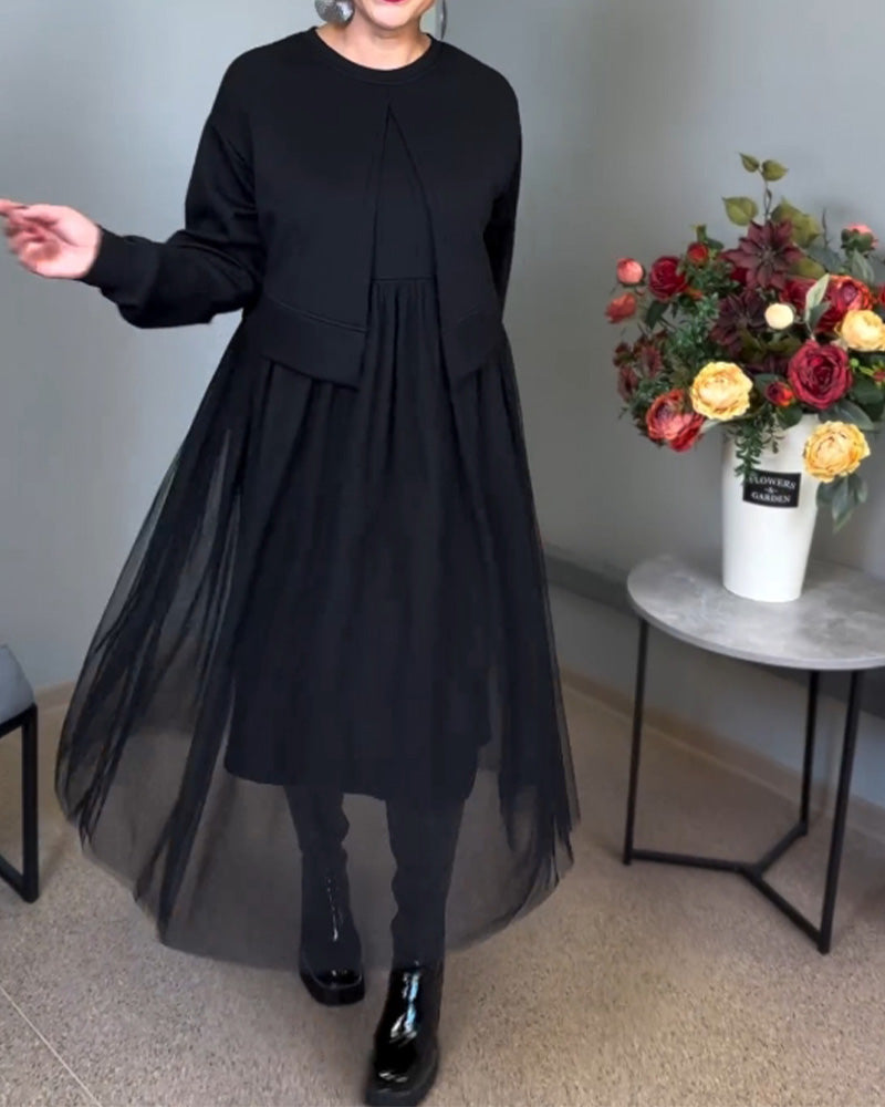 Uregelmessig mesh søm ensfarget elegant kjole