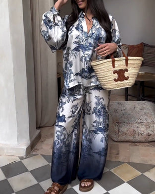 Todelt dress med plantegradienttrykk med lanternehylse