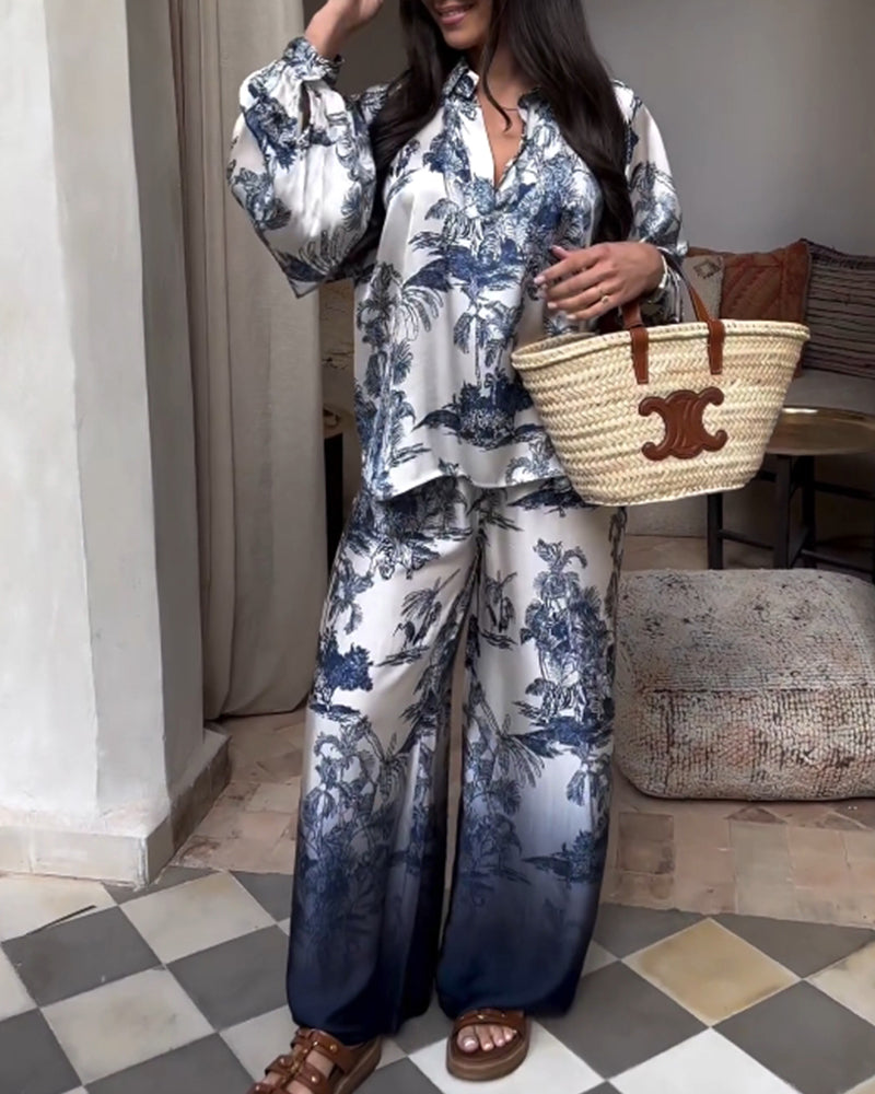 Todelt dress med plantegradienttrykk med lanternehylse