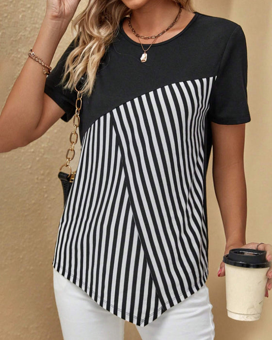 Bluse med rund hals I fargeblokk