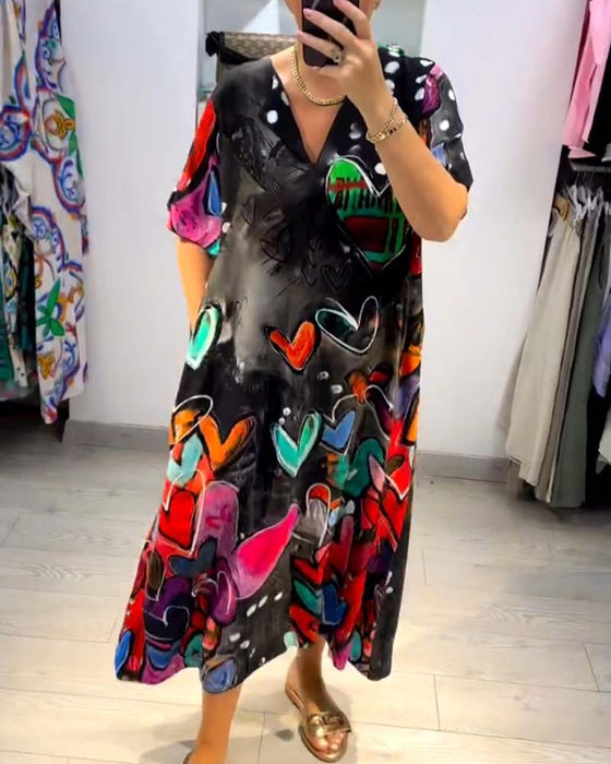 Love casual kjole med V-hals trykt