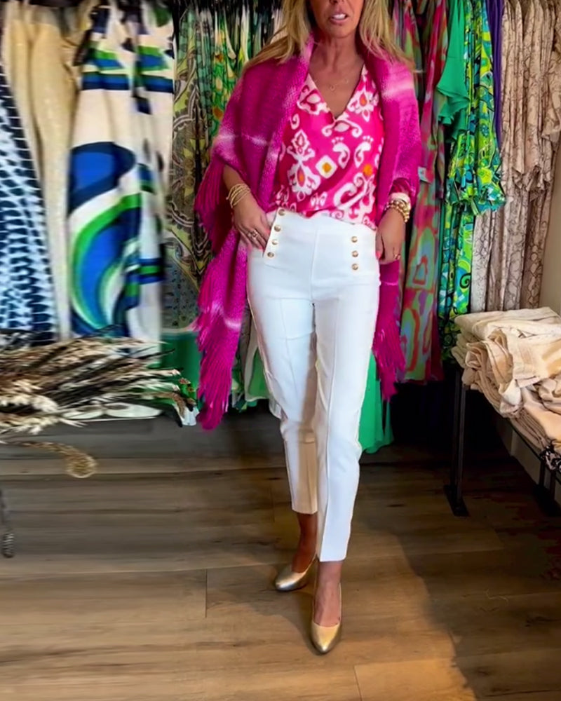 Trykt V-hals kortermet topp