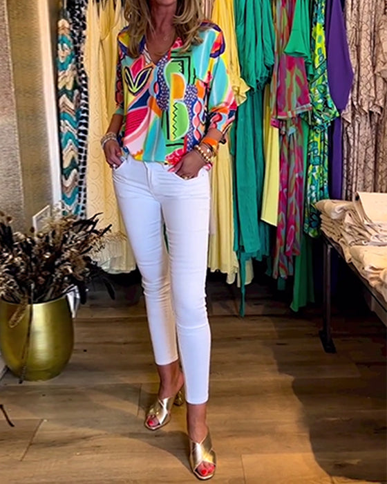 Langermet, løs bluse med trykk