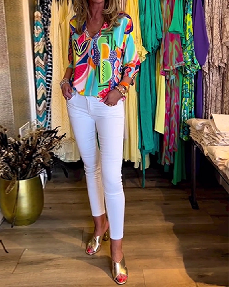 Langermet, løs bluse med trykk