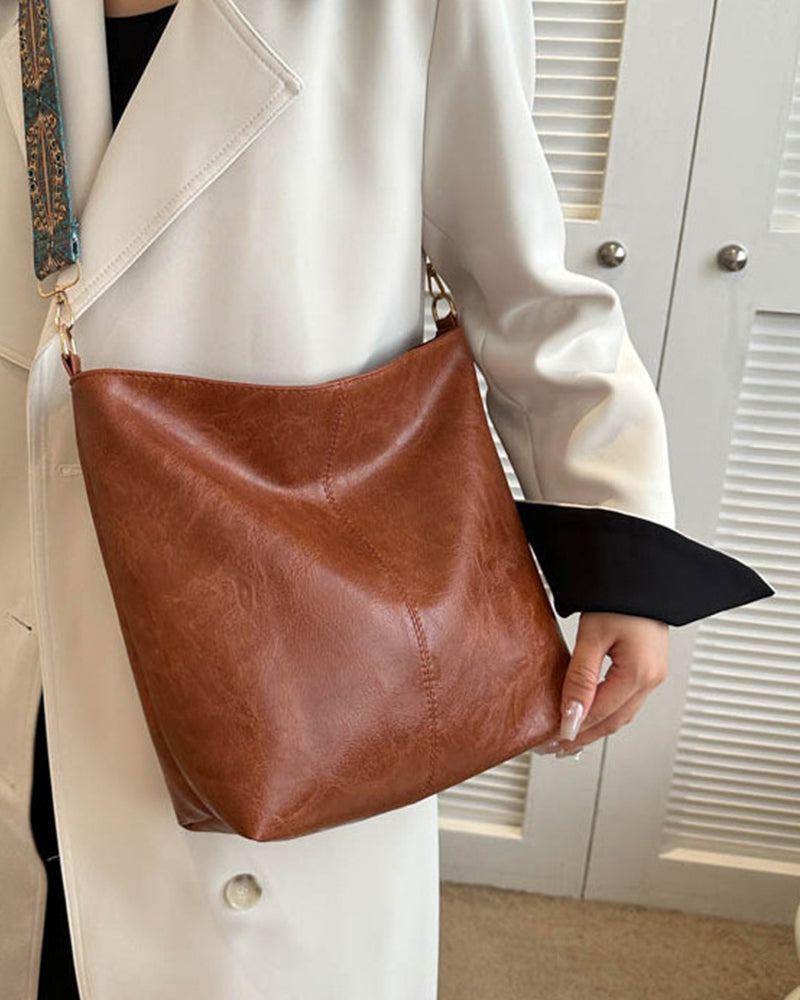 Vintage skulderreim bøtteveske med stor kapasitet