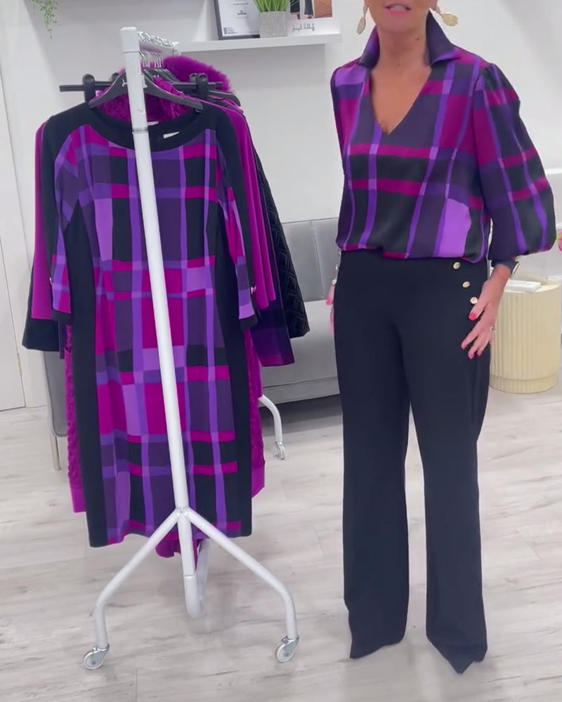 Lapel V-hals stor rutete bluse