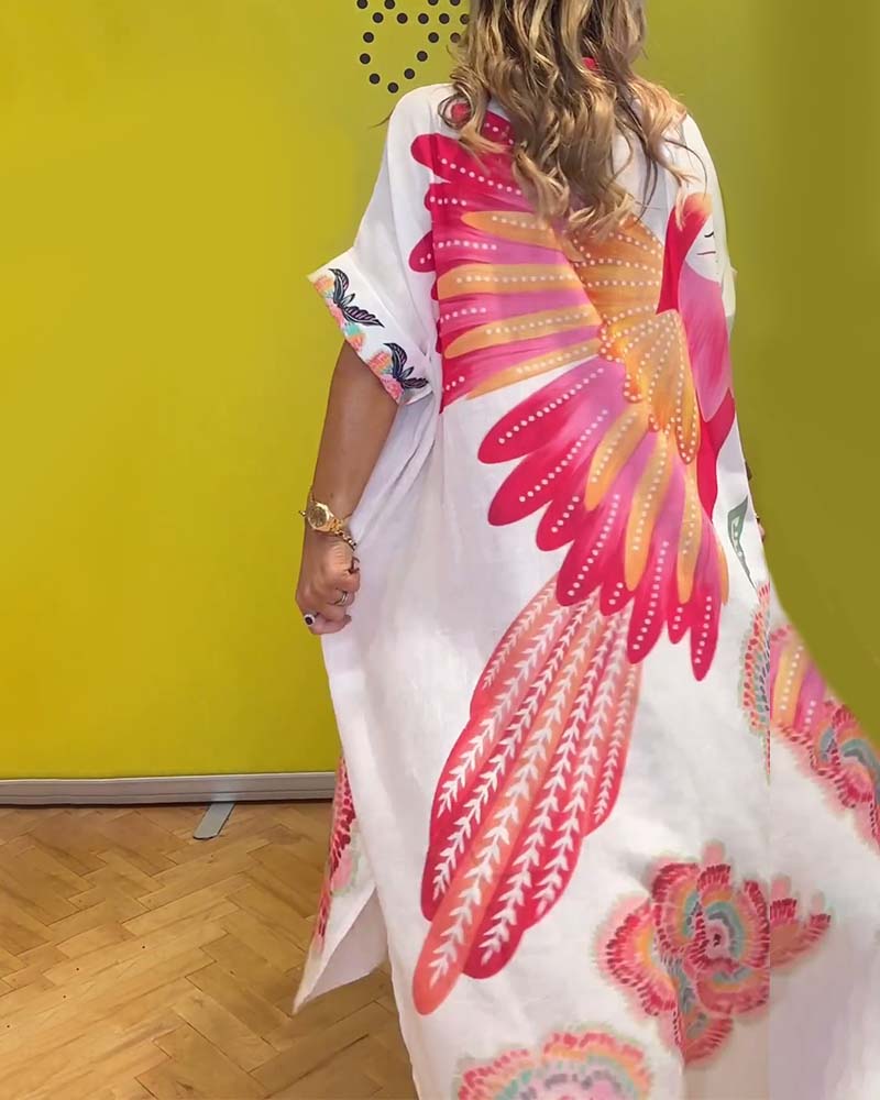 Lang printet kjole med jakkeslag