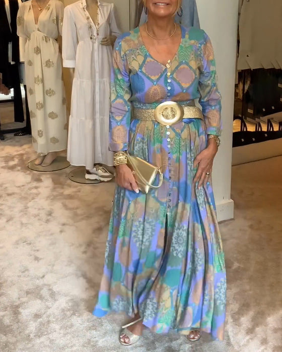 Vintage printet kjole med splitt og lange ermer