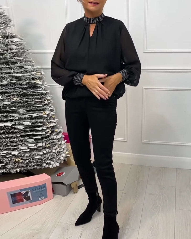 Mote ensfarget bluse med stativ krage patchwork og hul