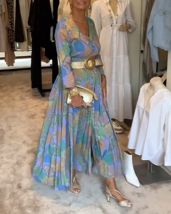 Vintage printet kjole med splitt og lange ermer