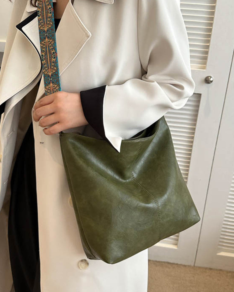 Vintage skulderreim bøtteveske med stor kapasitet