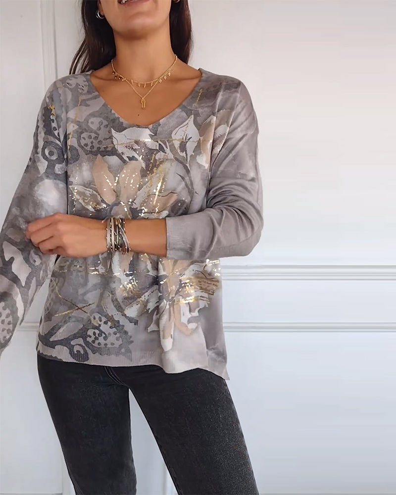 Langermet topp med V-hals og vintage med blomstertrykk