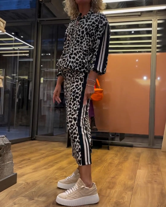 Leopardprint stripete skjørt todelt sett