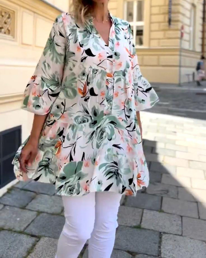 Blomstret elegant bluse med V-hals