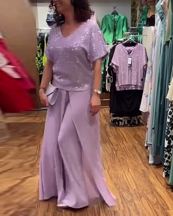 V-hals kortermet løs paljettbluse