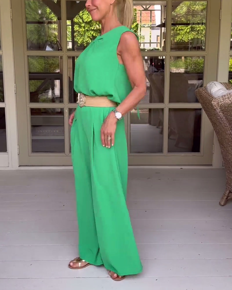 Ermeløs tank top brede ben bukser sett med solid farge og hul