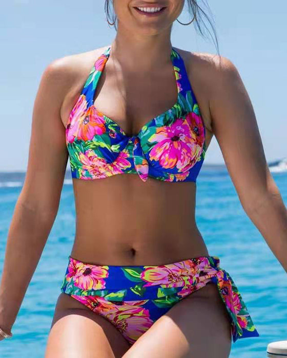 Halter-bikini med høy midje i blomstertrykk