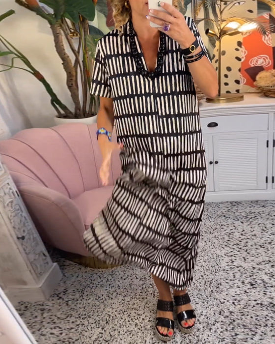 Printet kortermet uformell lang kjole