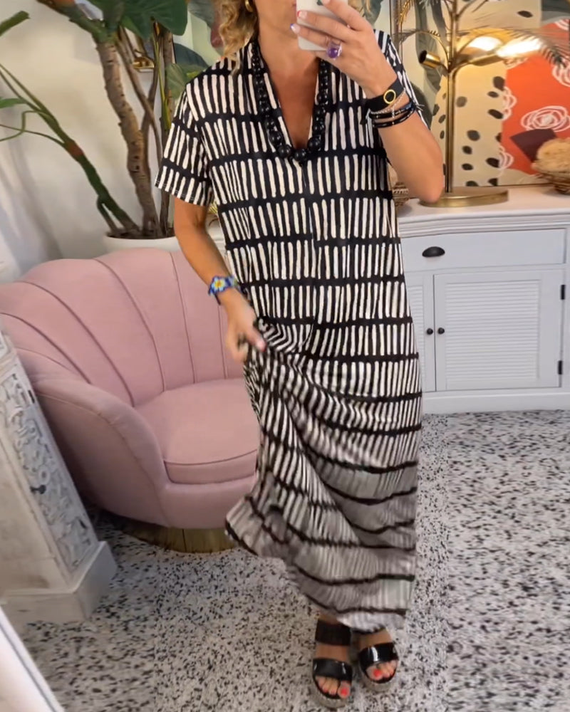 Printet kortermet uformell lang kjole