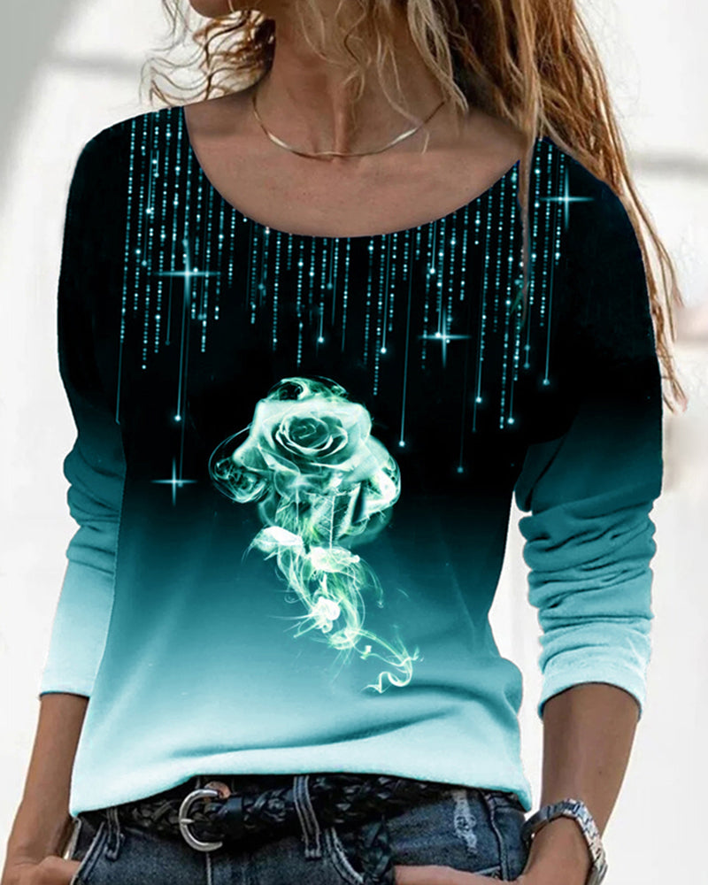 Topp med rund hals og rose-trykk