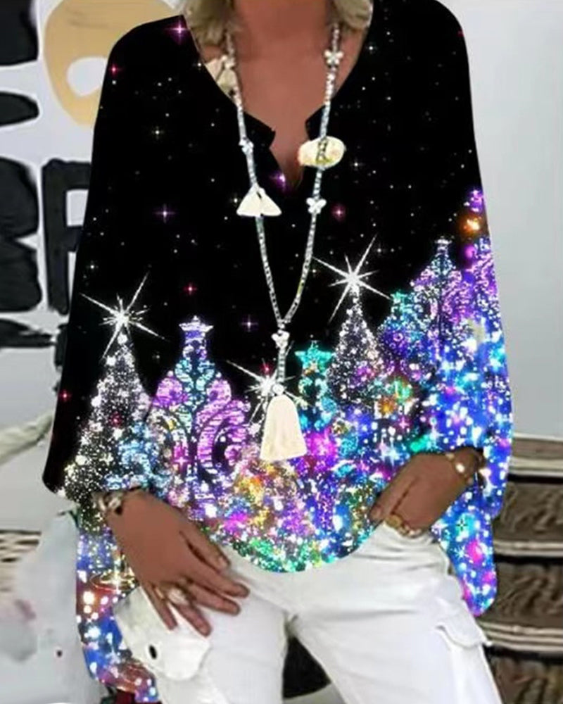 Topp med langermet med v-hals med trykt