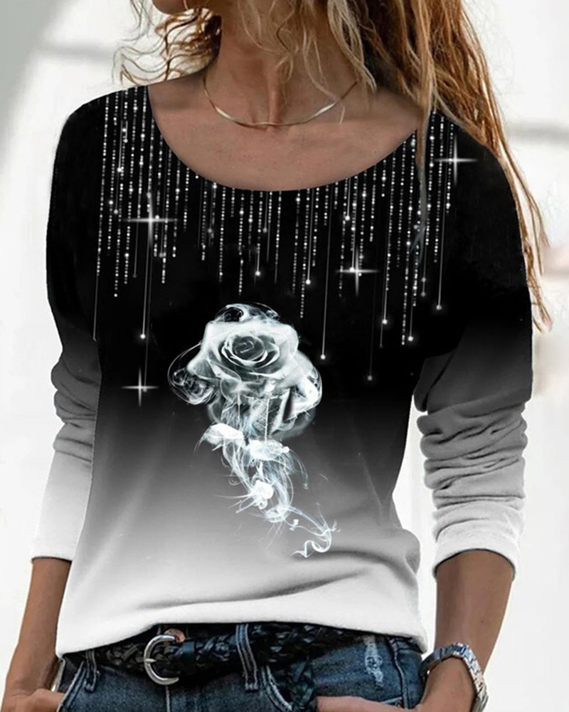 Topp med rund hals og rose-trykk