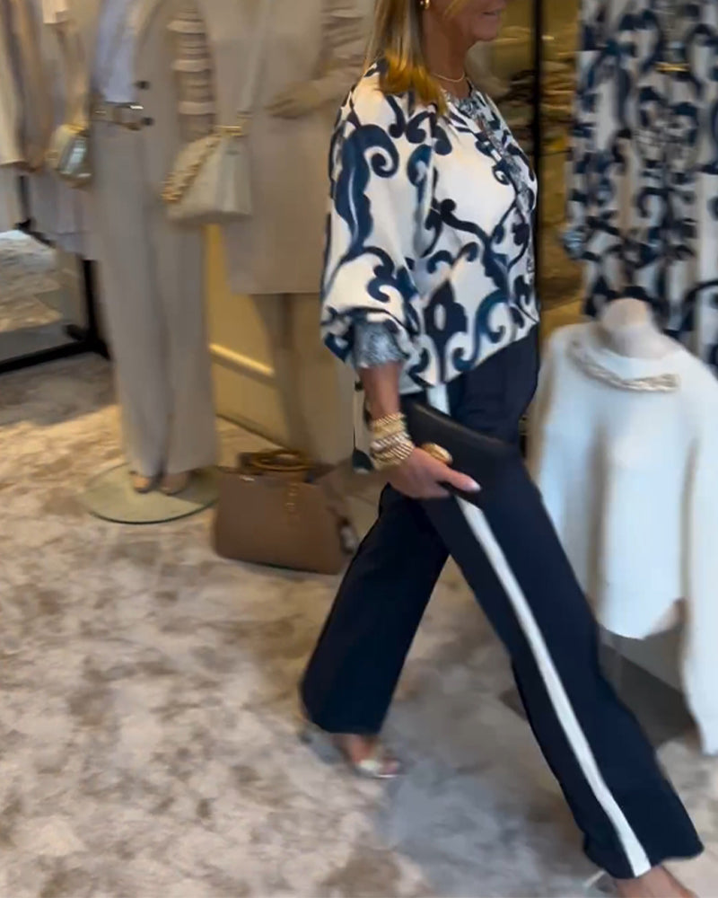 Bluse med lanterne med retromønstertrykk