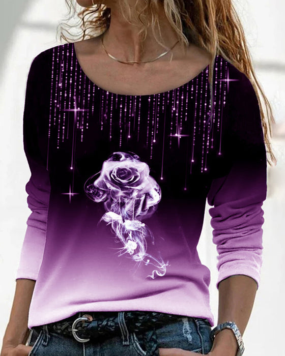 Topp med rund hals og rose-trykk