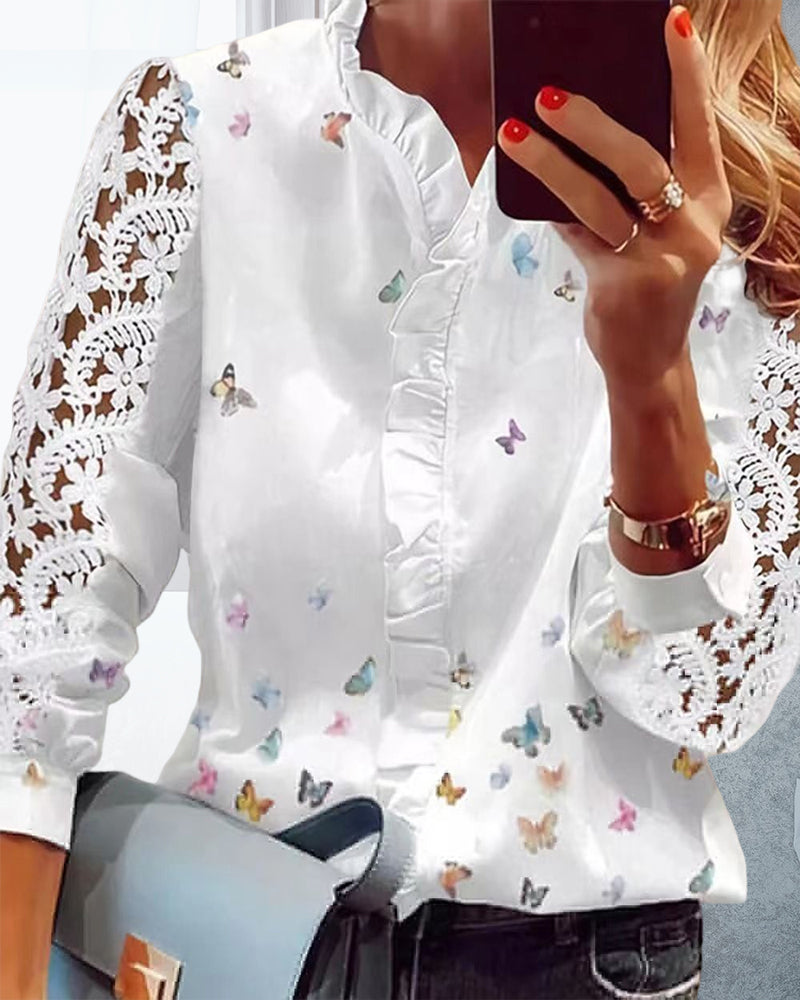 Bluse med lappeteppetrykk for kvinner