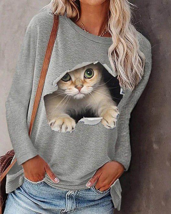 Langermet topp med kattetrykk