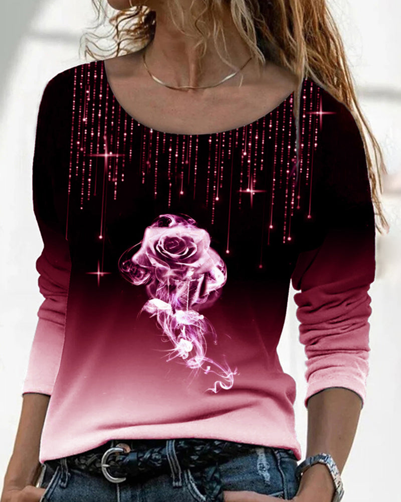 Topp med rund hals og rose-trykk