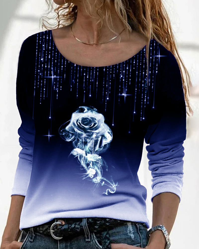 Topp med rund hals og rose-trykk