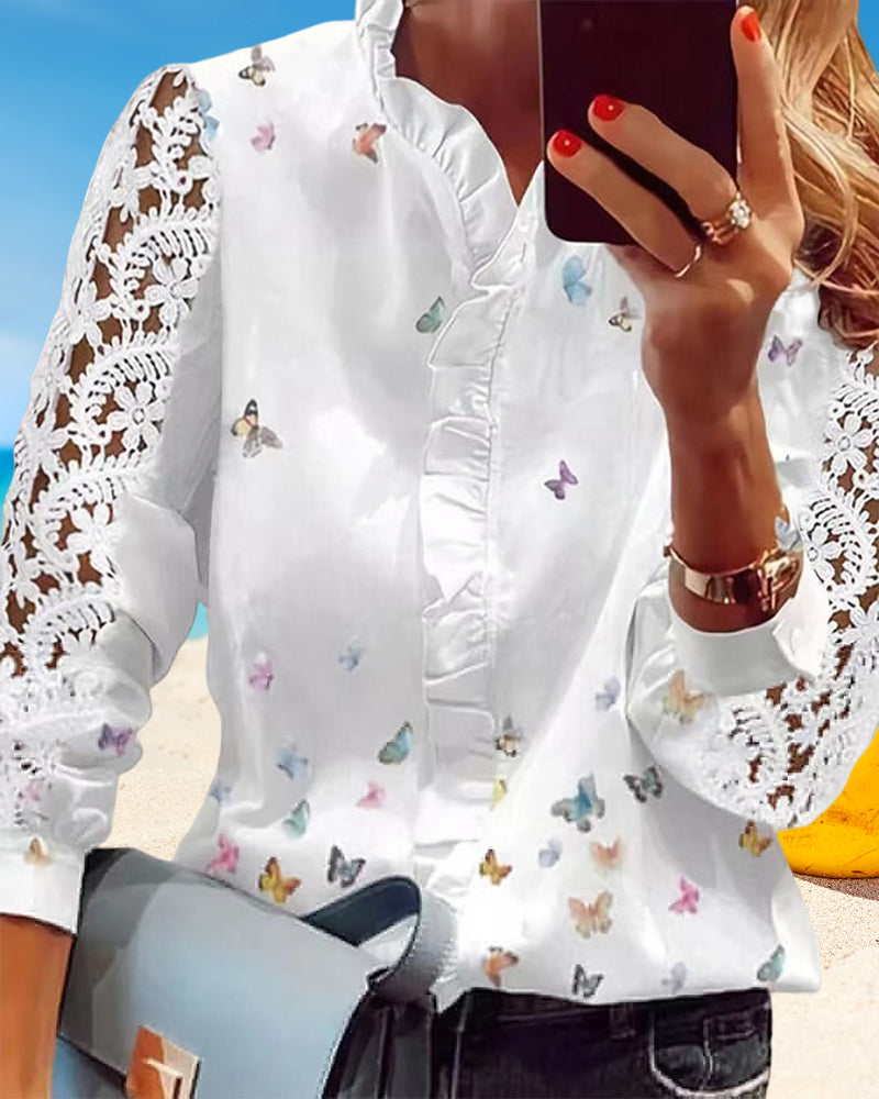 Bluse med lappeteppetrykk for kvinner