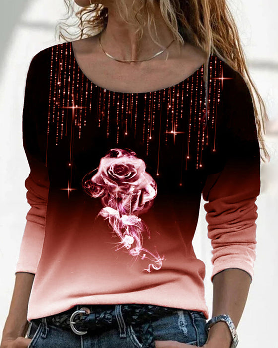 Topp med rund hals og rose-trykk