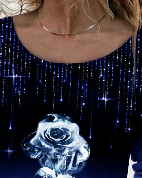 Topp med rund hals og rose-trykk