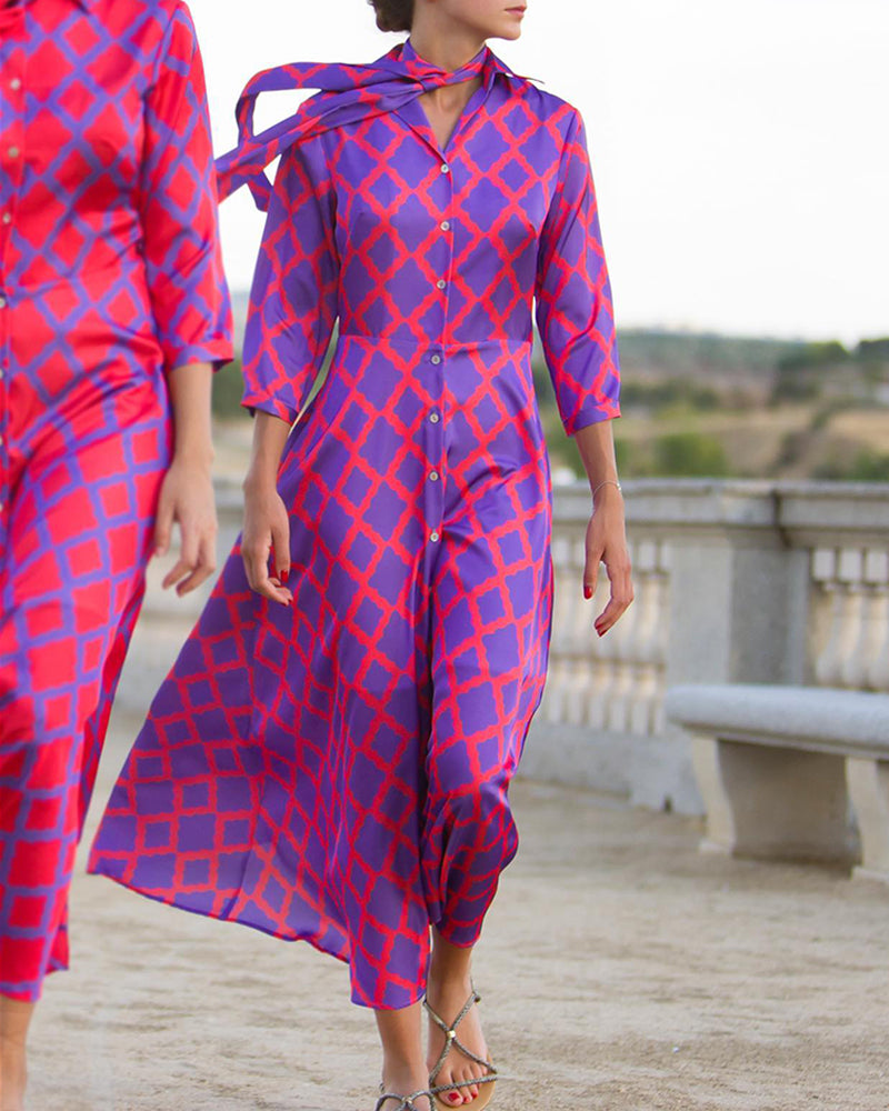 Skjortekjole med V-hals og 3/4-ermer