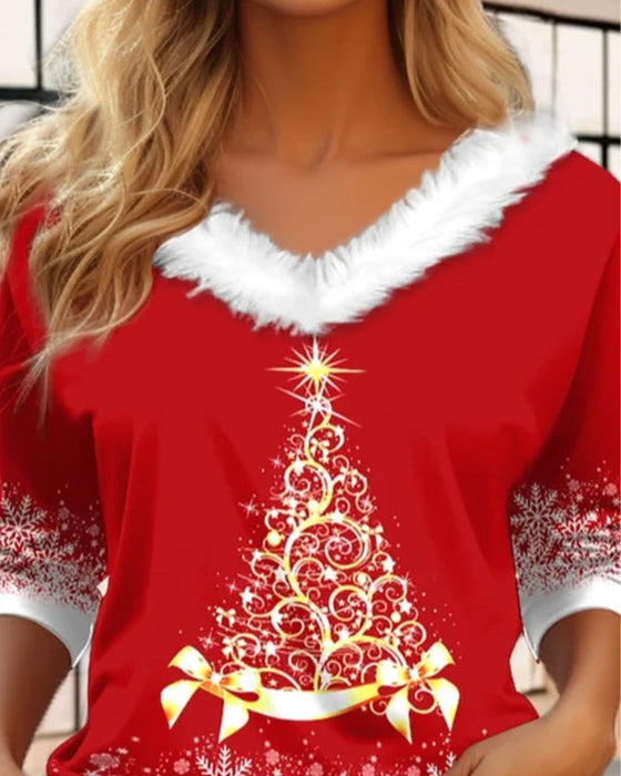 Topp med v-hals i plysj med juletretrykk