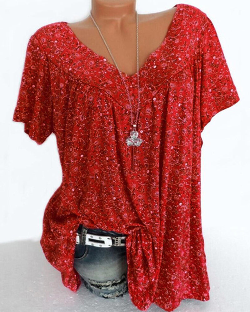 V-hals Løs Kortermet Uformell T-skjorte