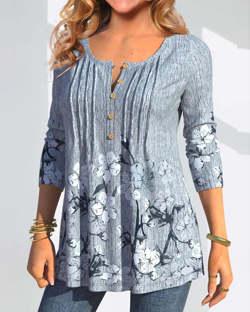 Blomstertrykt casual bluse med knapper