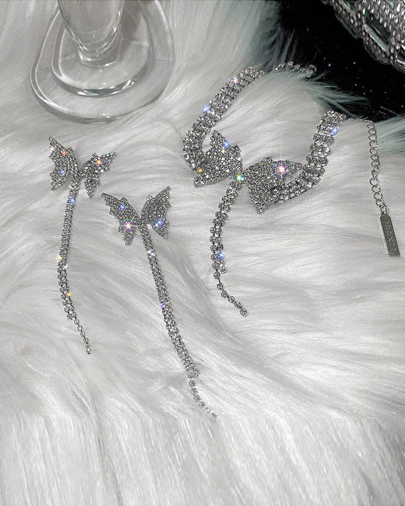 Rhinestone Butterfly Tassel Chain Halskjede øredobber