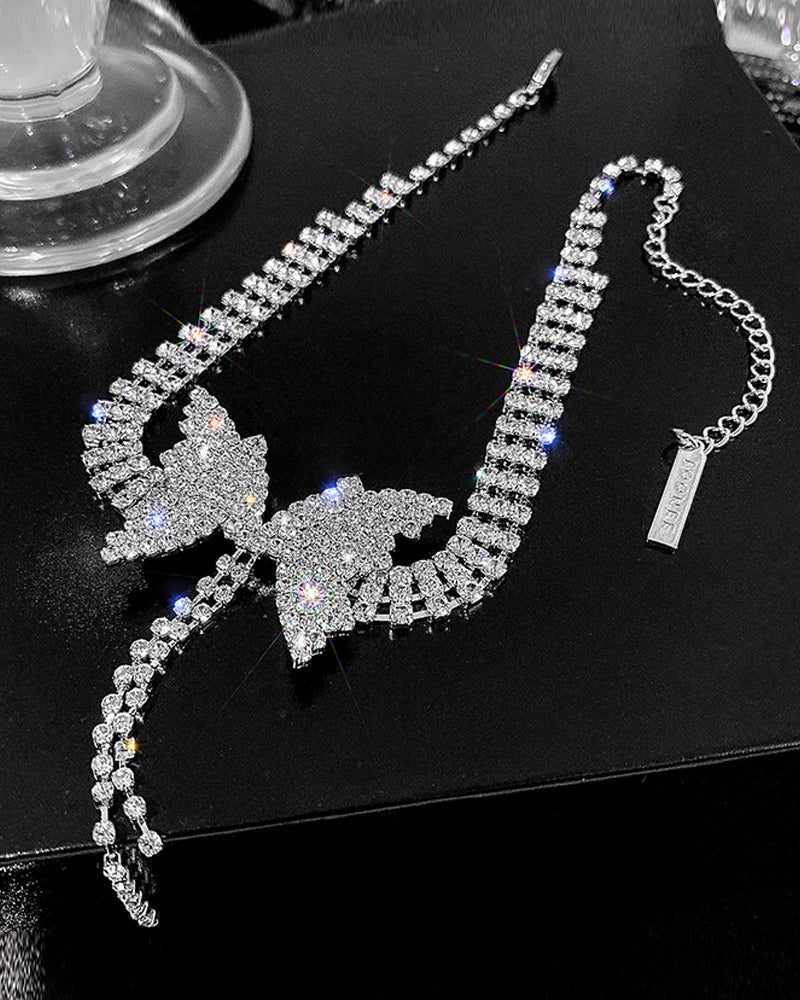 Rhinestone Butterfly Tassel Chain Halskjede øredobber