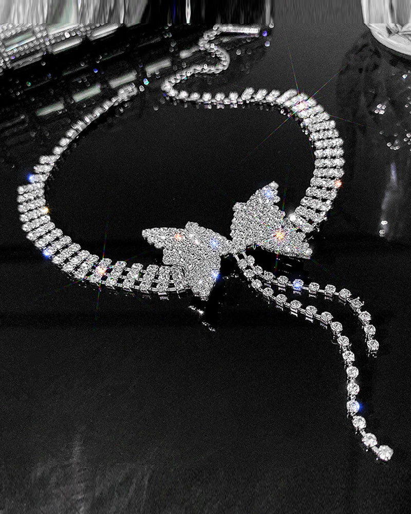 Rhinestone Butterfly Tassel Chain Halskjede øredobber