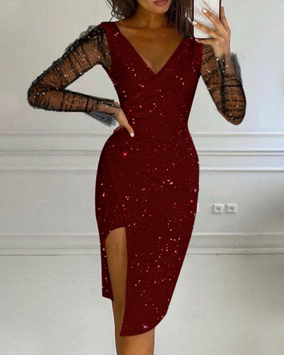 Paljett V-hals mesh kjole